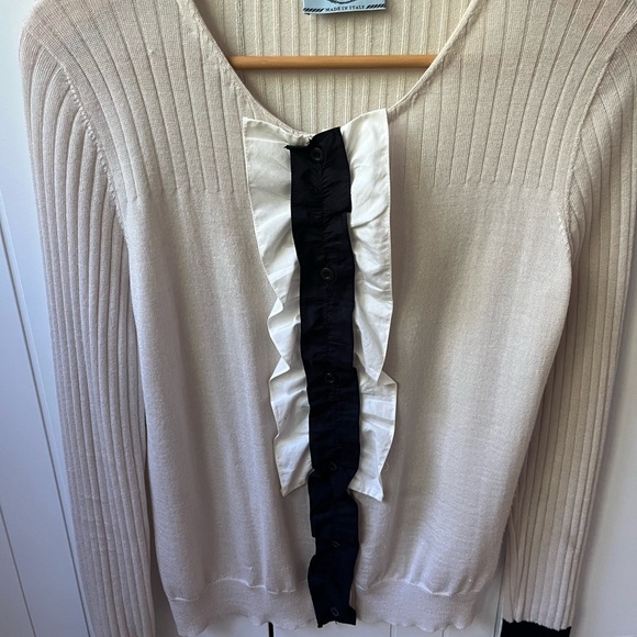 Prada Cream and Black Crew Neck Sweater with Tuxedo Ruffles - Picture 1 of 2